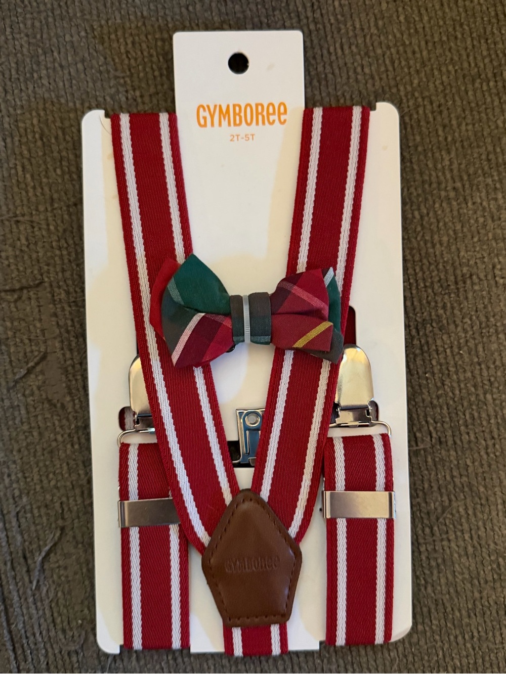 J. Crew Red and White Striped Men's Suspenders with Multicolor Bow Tie